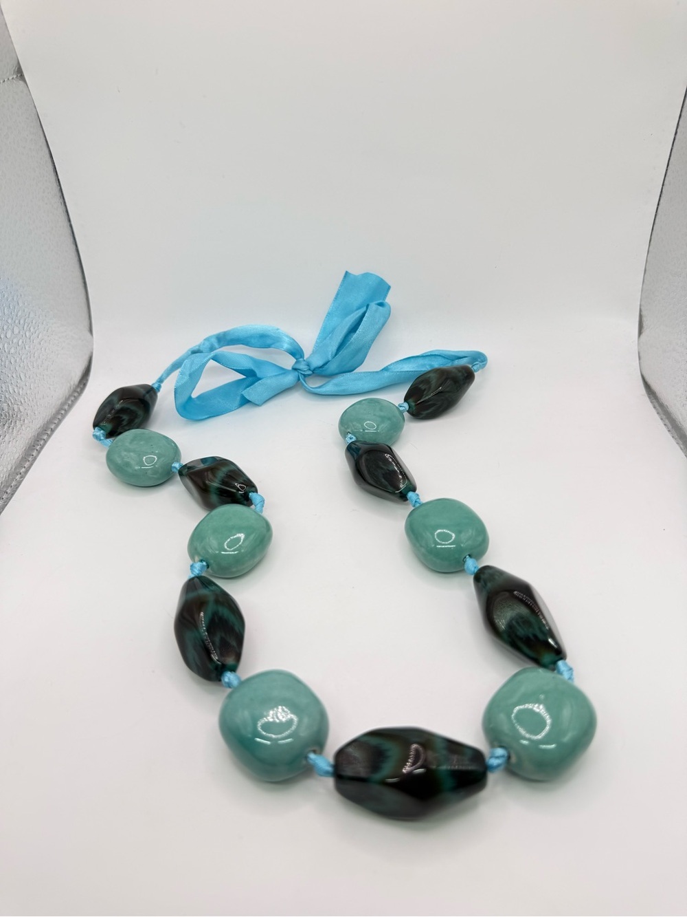 50” Aqua & Green Marbled Bead Ribbon Tie Statement Necklace